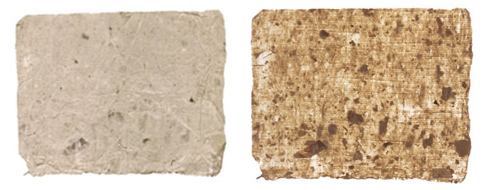 屑紙を回収し漉き返しをした安価な浅草紙（右 : 透過光で撮影） 「紙の博物館」所蔵