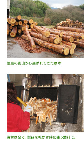 徳島の剣山から運ばれてきた原木　端材は全て、製品を乾かす時に使う燃料に。