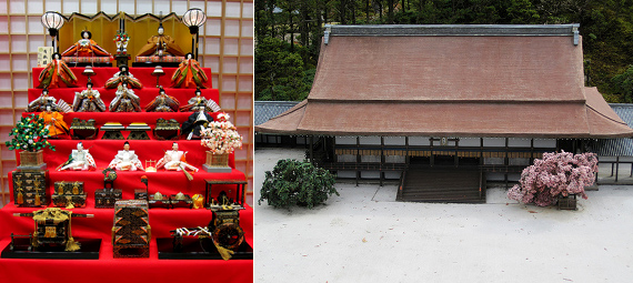 七段飾りの雛人形。下から３段目に右近の橘と左近の桜。（写真左）／東武ワールドスクウェアにある、京都御所「紫宸殿」の1/25の縮尺模型。（写真右）