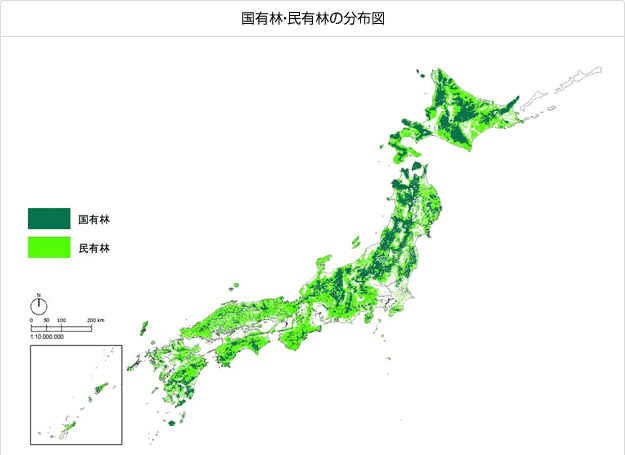 国有林・民有林の分布図