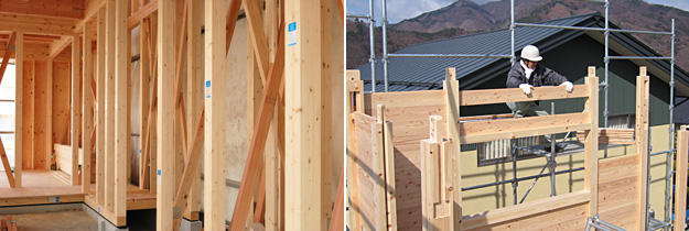 木造住宅の約８割を占める在来工法（木造軸組構法）／ 壁･床･屋根も木材で構成される「板倉構法」の一例（※2）