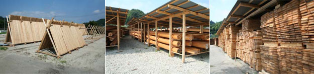 栃木県茂木町。町有林で伐採されたスギ材（壁板･丸太）とヒノキ材（床板）の乾燥工程。